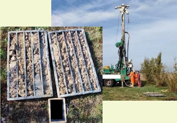 Cassette catalogatrici con le carote di terreno e trivella con operatori durante l'installazione di piezometri
